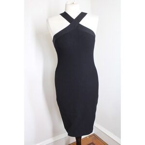 Babaton M Black Sculpt Ribbed Knit Criss Cross Halter Neck Midi Dress Aritzia